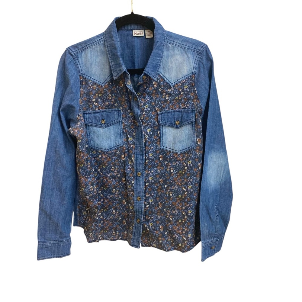Mudd Floral Denim Button-Up Western Floral Shirt Size XL - Picture 4 of 8